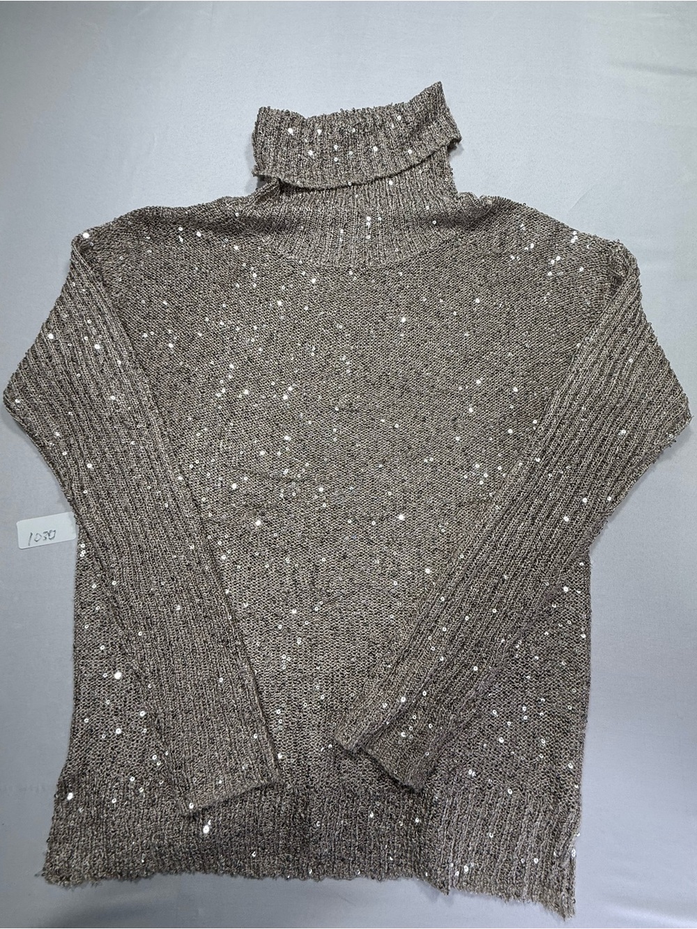 Sequin-Embellished Taupe Turtleneck Sweater